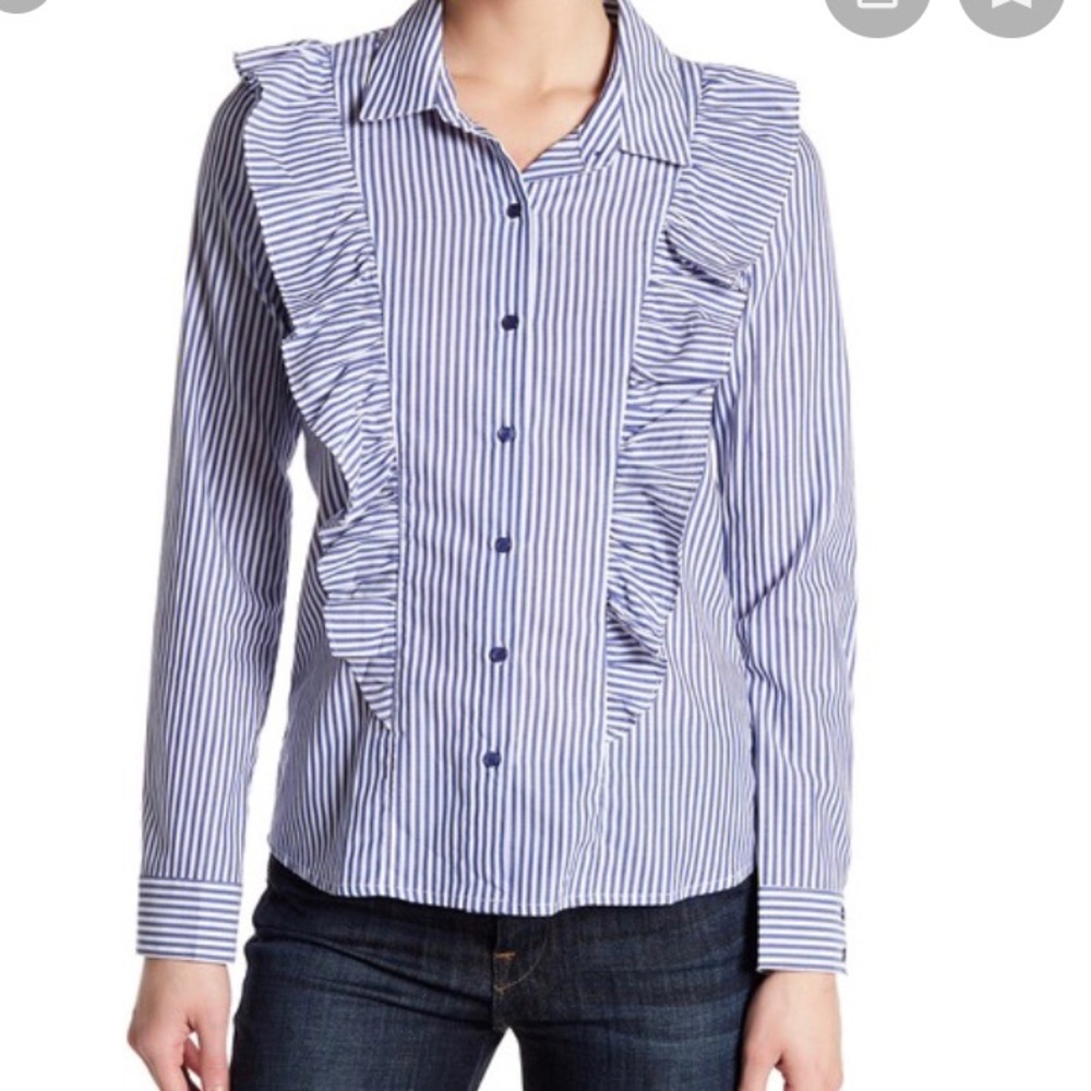 Nordstrom NWOT Blue and White Stripe Button Down Shirt w Ruffles - Picture 3 of 4